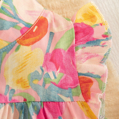 Baby Girl Dress, Summer New Sweet Flower Ruffled Sleeve Children'S Sleeveless Clothes Suitable For 0-3 Years Old