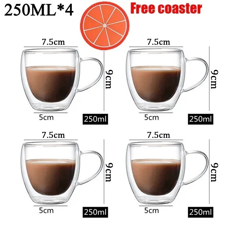 Caneca transparente de parede dupla 2-6 peças Copo de café e leite de vidro borossilicato alto resistente ao calor para casa e escritório
