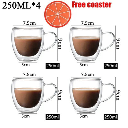 Caneca transparente de parede dupla 2-6 peças Copo de café e leite de vidro borossilicato alto resistente ao calor para casa e escritório