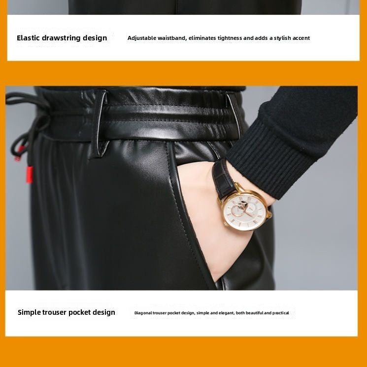 Men's Loose High-Waisted Fce-Lined Thiened Motorcycle Leather Pants Windproof Waterproof Busin Casual Long Trousers