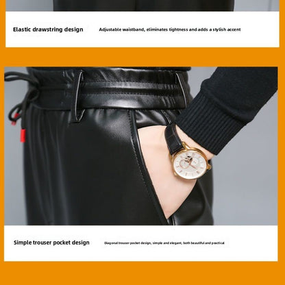 Men's Loose High-Waisted Fce-Lined Thiened Motorcycle Leather Pants Windproof Waterproof Busin Casual Long Trousers