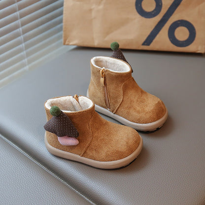 Christmas Children's Snow Boots PU Leather Vintage Girl's Plush Boots Anti-slippery Kid's Warm Padded Boots Cotton Shoes