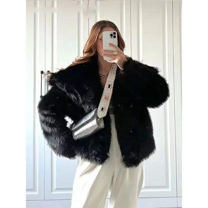 HH Women Elegant Faux Fur Coat Warm Fluffy Loose Long Sleeve Lapel Jacket Autumn Winter Fashion High Street Lady Outerwear