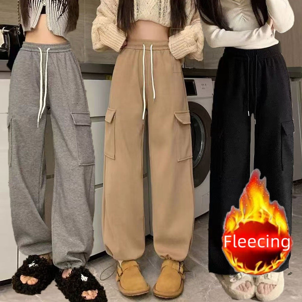Winter Thick Fleece Women's Pants Casual Matching Cargo Pants Chic Sportswear Drawstring Straight Pants Lady's Trousers Pocket