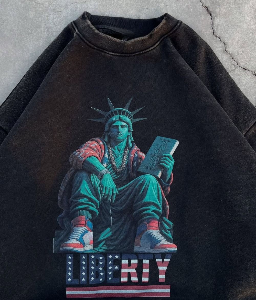 Y2K Washed Distressed Black Round Neck Pullover Sweatshirt Men Women Casual Goth Harajuku Hip Hop Character Graphic Print Hoodie