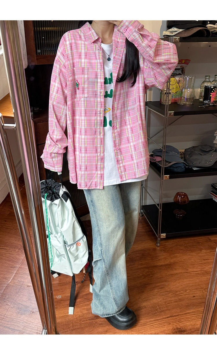 Ice Blue Plaid Long Sleeve Shirt Unisex Premium Cleanfit Denim Fabric V-neck Open Cardigan Style Holiday Vibes Short Length