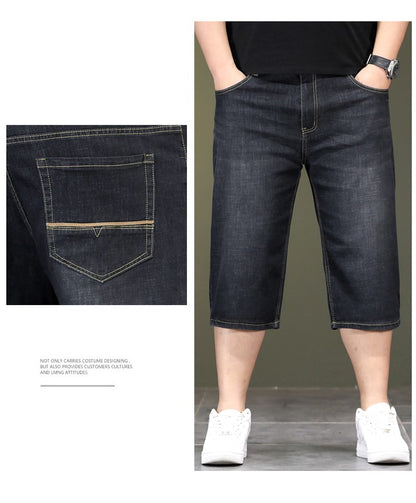 New Big Size Long Length Men's Shorts Loose Stretch Jean Bermuda Male Thin 3/4 Capris Summer Light Large Plus Fat Denim Breeches