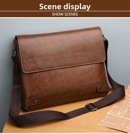 Men's Solid Color Retro Leather Shoulder Bag, Casual Business Messenger Bag Horizontal A4 Paper Travel Bag Briefcase Laptop Bag