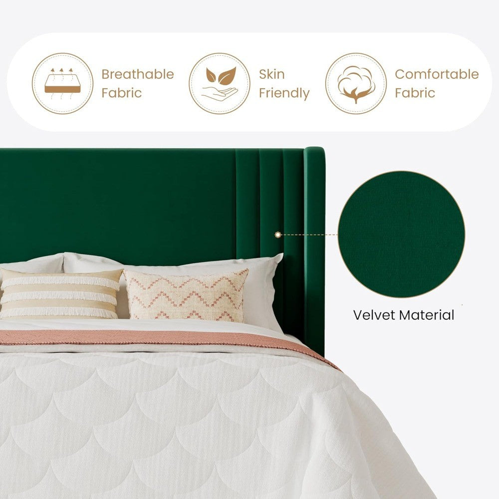 Estrutura de Cama Queen Size Estofada em Veludo com Cabeceira de Encosto em Asa com Tufo Vertical, Suporte de Estrado de Madeira