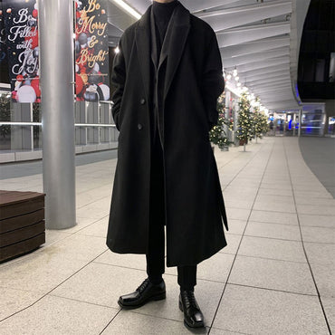 Winter Thickened Woolen Coat Men Warm Fashion Casual Long Woolen Coat Men Korean Loose Oversized Belt Woolen Coat Mens Overcoat