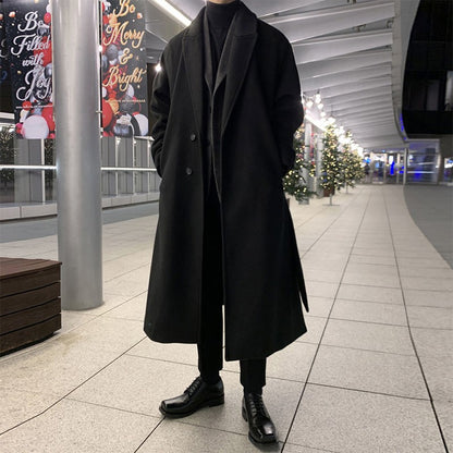Winter Thickened Woolen Coat Men Warm Fashion Casual Long Woolen Coat Men Korean Loose Oversized Belt Woolen Coat Mens Overcoat