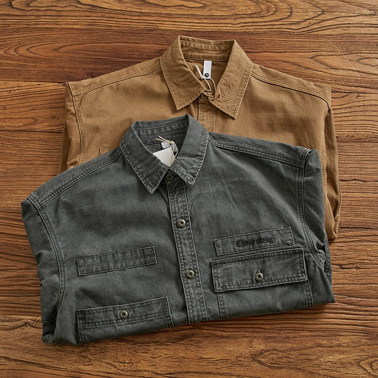 Heavy cargo shirt for men retro shirt for men pure cotton wash to do old loose casual long-sleeved coat for men