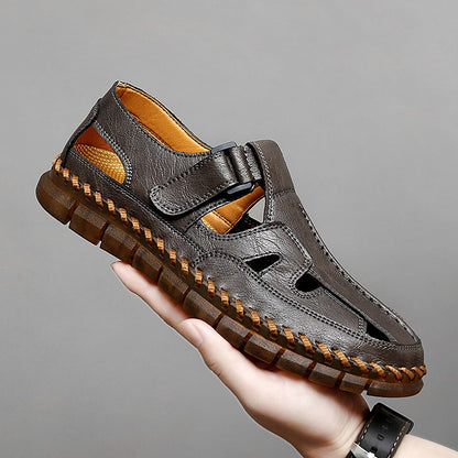 Mens Handmade Casual Leather Sandals Classic Men Beach Shoes Summer Outdoor Walking Male Sneaker Breathable Man Hollow Out Flats