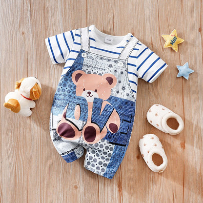 Baby Clothes Cute Cartoon Bear Fake Shoulder Strap Comfortable And Soft 0-18 Boys And Girls Summer Short Sleeved Baby Jumpsuit