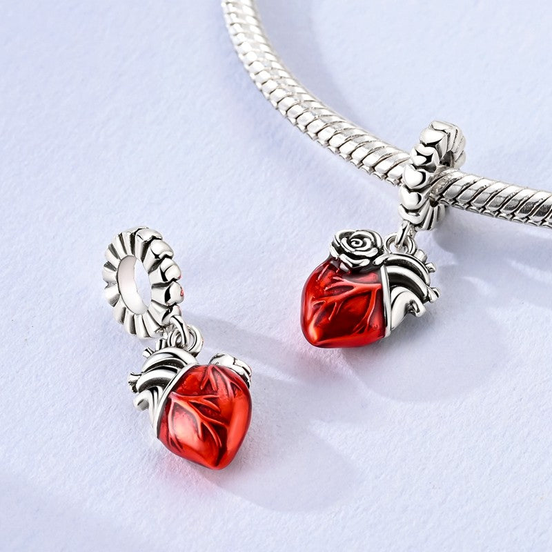 Heart & Organ Charm 925 Sterling Silver Red Rose Skull Dangle Pendant Dark Aesthetic Fit Bangle Bracelet Necklace DIY Jewelry