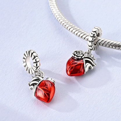 Heart & Organ Charm 925 Sterling Silver Red Rose Skull Dangle Pendant Dark Aesthetic Fit Bangle Bracelet Necklace DIY Jewelry