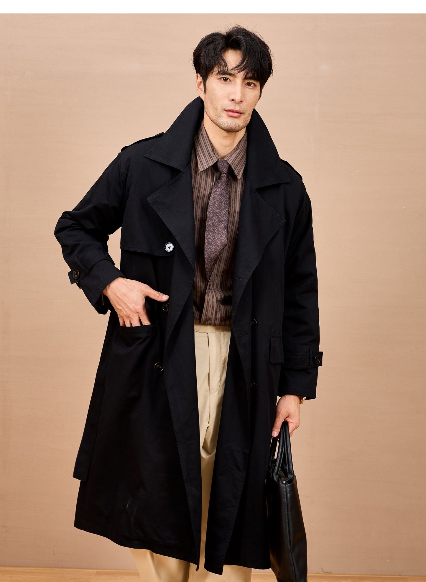 Mauroicardi Spring Autumn Long Black Khaki Trench Coat Men Shoulder Pads Double Breasted Chic British Style Fashion Clothes 2025