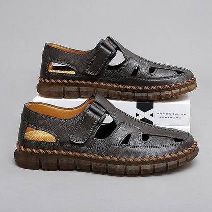 Mens Handmade Casual Leather Sandals Classic Men Beach Shoes Summer Outdoor Walking Male Sneaker Breathable Man Hollow Out Flats