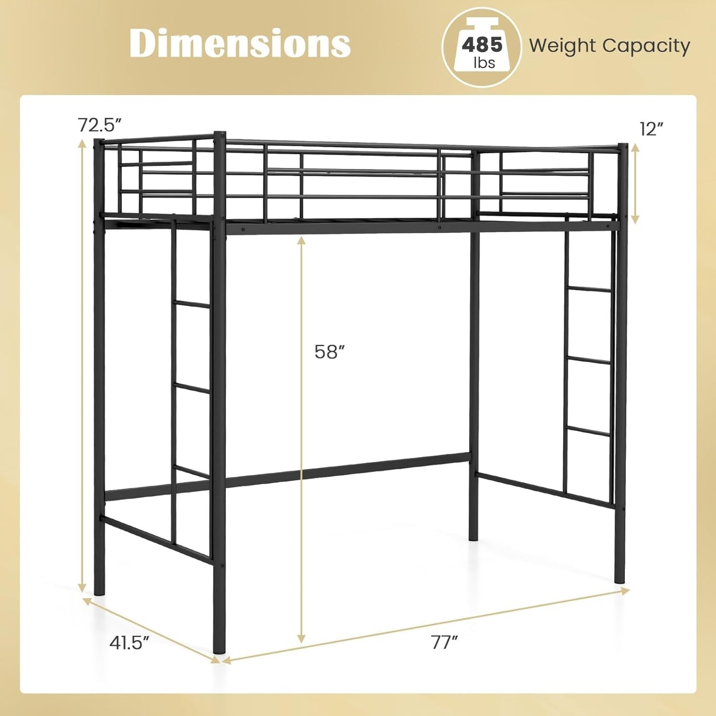 Metal Twin Size Loft Bed Frame with Dual Ladders & Safety Guardrail, No Box Spring Needed, Space-Saving for Juniors Teen