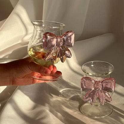 Taça Decorativa de Vidro com Laço Grande Rosa Copo de Vidro Taça de Vinho com Alça de Laço Copos Resistentes ao Calor Tigela de Sobremesa e Sorvete de Alto Borossilicato
