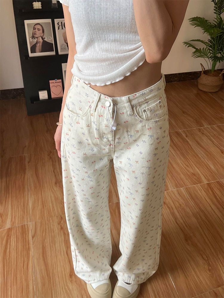 2025 New Women Beige Hello Kitty Floral Print Jeans High Waisted Wide Leg Straight Pants Casual Versatile Y2K Cute Fashion