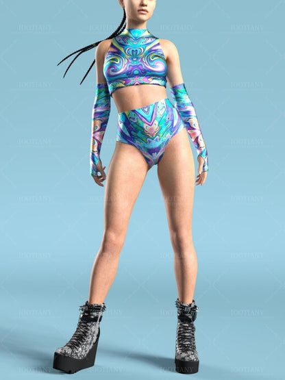 Adult Summer Role Play Bodysuit Women Sexy Hollow Sleeveless Blue Graffiti Art Swimsuit Carnival Party Stage Performance Clothes