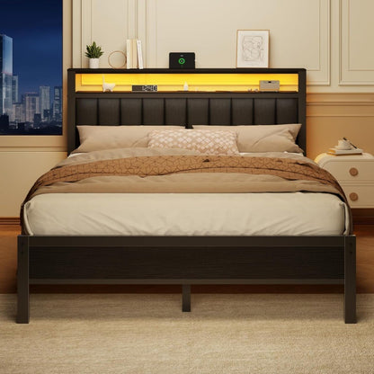 Queen Size Bed Frame with Charging Station and LED Lights, Platform Bed with Metal Slats, Grey Upholstered Headboard wi