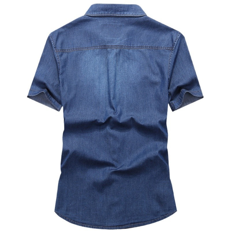 Men Multi pockets Blue Denim Shirts New Summer Male Short Sleeve Tooling Shirts High Quality Men Cotton Casual Jeans Shirts 4XL