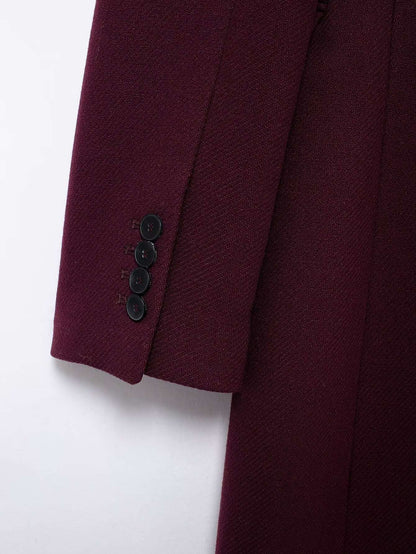 HH Women Fashion Burgundy Woolen Coat Double Breasted Long Sleeve Lapel Blends Jacket Autumn Winter High Street Outerwear