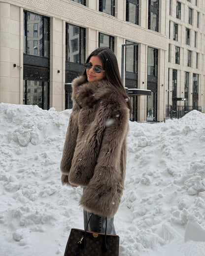 Winter Women Warm Faux Fur Coats Fashion Browns Long Sleeve Stand Collar Short Jackets 2025 Lady High Street Commute Outerwear