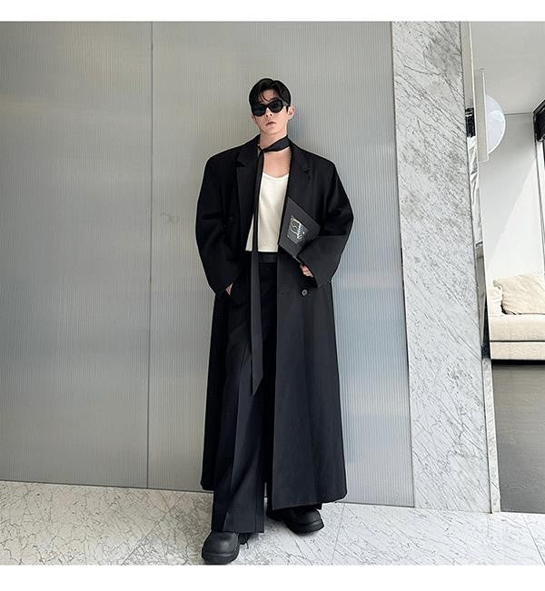 Mauroicardi Spring Autumn Extra Logn Black Oversized Flowy Soft Trench Coat for Men with Back High Slit Loose Casual Overcoat