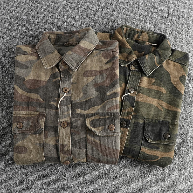 May Khaki wash vintage thick woven cotton cargo long sleeve shirt men's autumn and winter casual shirt coat