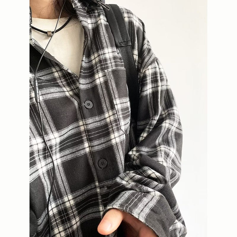 Japanese Cargo Shirt Men Women Vintage Black White Checkered Loose Long-sleeved Tops Spring Casual Lapel Unisex Oversize Shirts