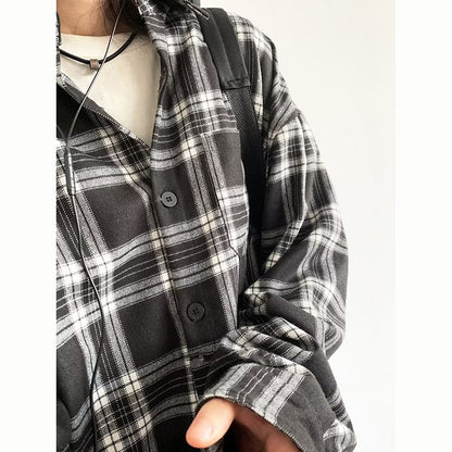 Japanese Cargo Shirt Men Women Vintage Black White Checkered Loose Long-sleeved Tops Spring Casual Lapel Unisex Oversize Shirts