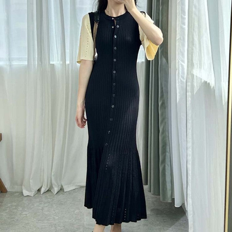 Summer-style fashionable openwork French slimming A-line short-sleeved knitted d