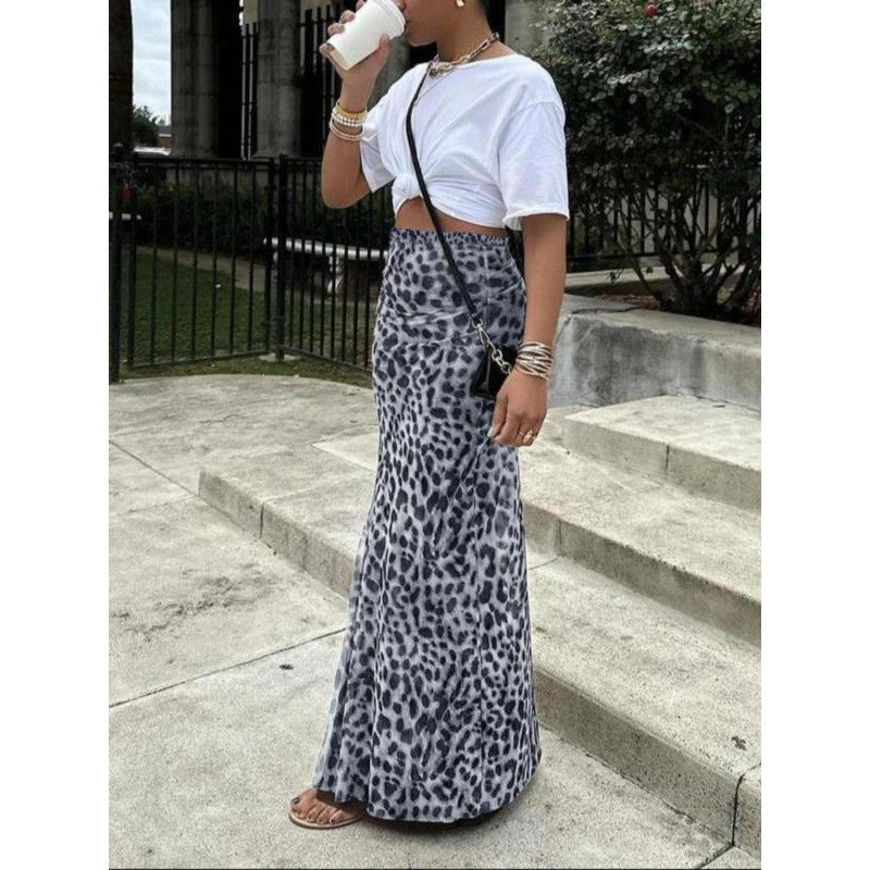 Plus Size 1XL-5XL New Women Sexy Elegant Leopard Printed Midi Skirt Women Fashion Dress Lady Clothes