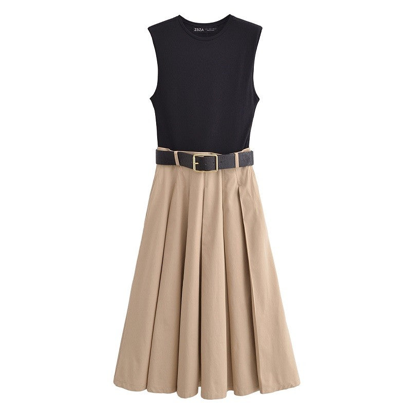 MUJER 2025 Woman Dresses Belt Pleated Midi Dress Women Sleeveless Summer Dress W