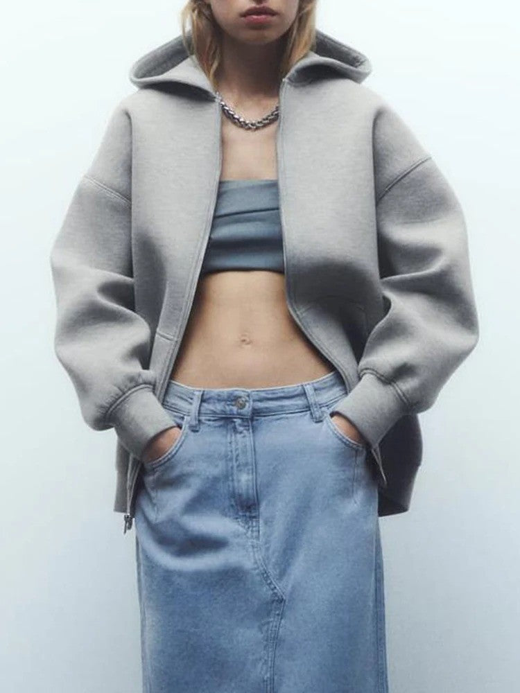 Women's Versatile Hooded Zip Long Sleeve Loose Jacket Fashion Oversized Casual Top Sweatshirt Street Basic Sports Wear