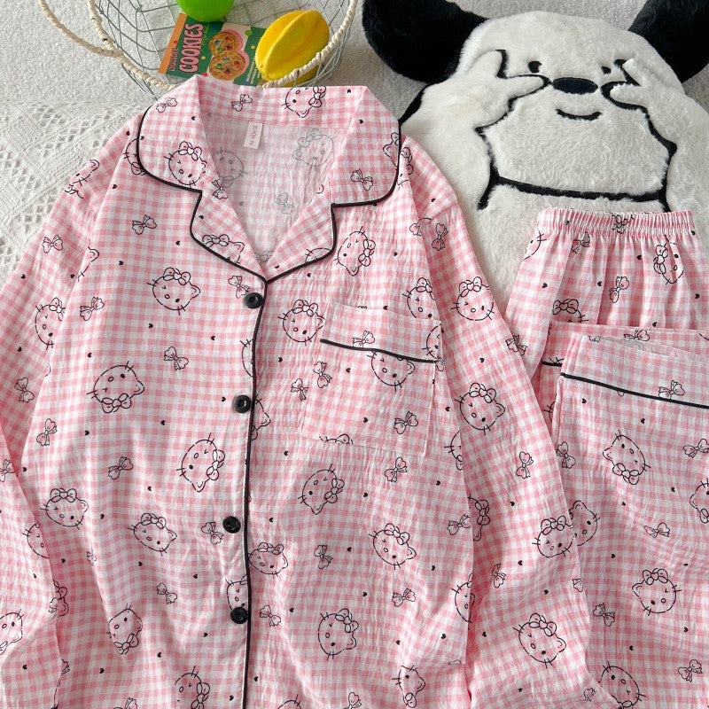 Hello Kitty Cute Kawaii Pajama Set for Women Autumn Soft Fabric Comfort Plaid Loungewear 2 Piece Long Sleeve Top Pants Sleepwear