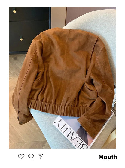 Retro Brown Suede Short Jacket Women's Spring Autumn Casual Loose Design Sense Meral Jacket Top round Neck Full Sleeve