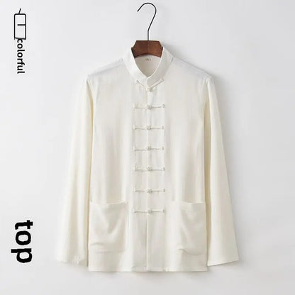 Spring Summer Long Sleeve Thin Men's Shirt Tang Suit Bamboo Cotton Linen Casual Vintage Chinese Style Kung Fu Tai Chi Tea Shirt