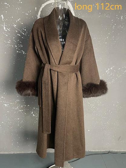 UCXQ Casaco Feminino Elegante OL para Escritório com Retalhos de Pelo Manga Comprida Lã Jaqueta de Roupa Feminina Bonita Outono Inverno 2025