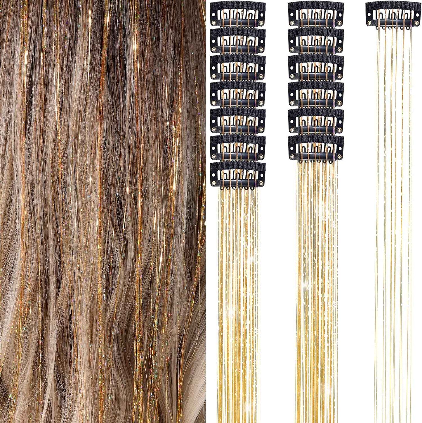 6 peças de extensões de cabelo brilhantes de 50 cm, extensões de cabelo sintéticas, presilhas de cabelo para trançar, chapéus femininos