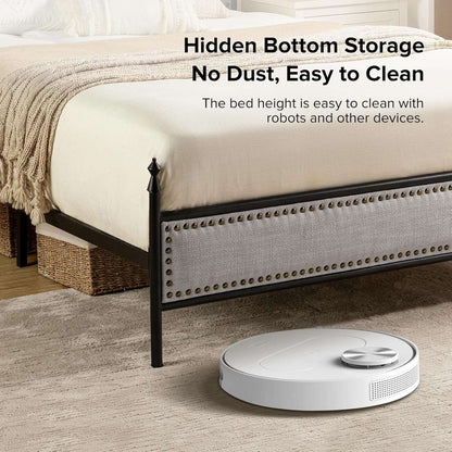 Estrutura de Cama Queen EcoHarbor com Cabeceira, Plataforma de Cama de Metal Estilo Fazenda Estofada em Linho com Estrado de Madeira Reforçado