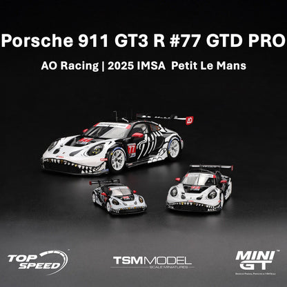 MINIGT 1:64 Porsche 911 GT3 R #77 #1143 Ao Racing2025 IMSA Petit Supercar Esportivo Carro de Liga Modelo em Miniatura Coleção de Carrinhos Diecast Brinquedo
