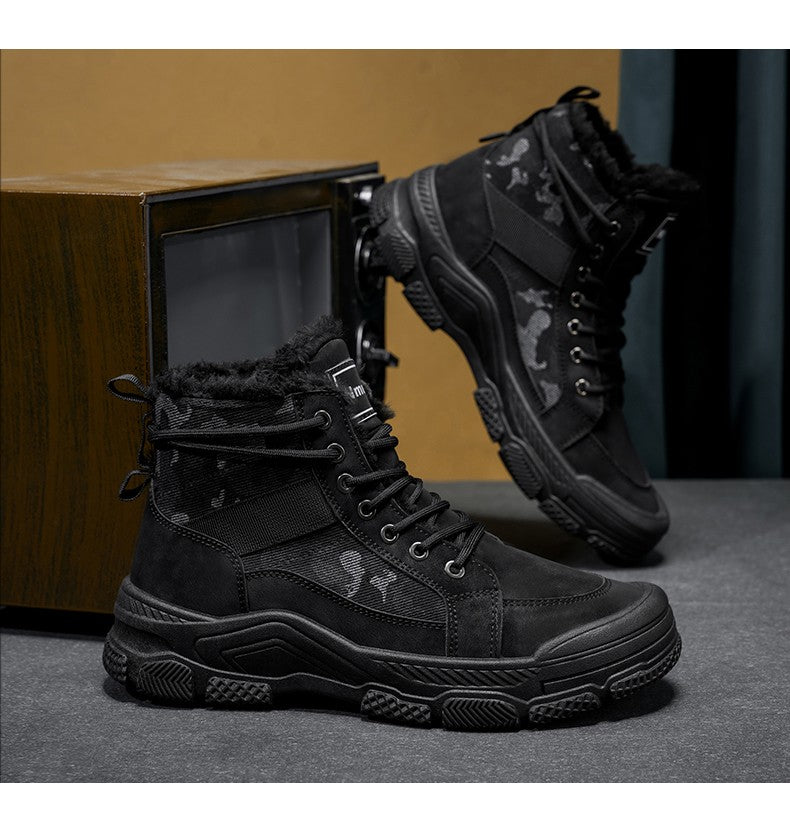 Winter Fleece Warm High-top Men's Shoes Trendy Casual Outdoor Solid Color Mid-top Fashionable Round Toe Plus-size Snow Boots