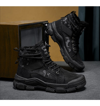 Winter Fleece Warm High-top Men's Shoes Trendy Casual Outdoor Solid Color Mid-top Fashionable Round Toe Plus-size Snow Boots