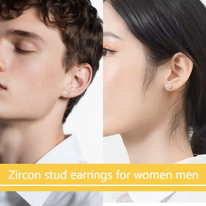 ALLNOEL Crystal 5A Zircon 925 Sterling Silver Square Round Stud Earrings for Women Men Piercing Ear Stud Hypoallergenic 5mm 6mm