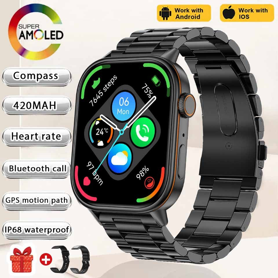 Smartwatch de Música Feminino 2025 Novo com Tela AMOLED HD de 2.01'' Moda, GPS de 6 Estrelas Embutido, Rastreador Impermeável e Chamada, Braceletes