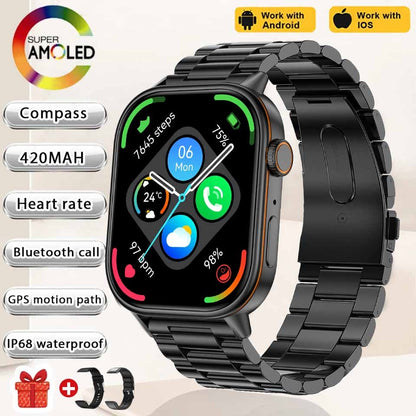 Smartwatch de Música Feminino 2025 Novo com Tela AMOLED HD de 2.01'' Moda, GPS de 6 Estrelas Embutido, Rastreador Impermeável e Chamada, Braceletes